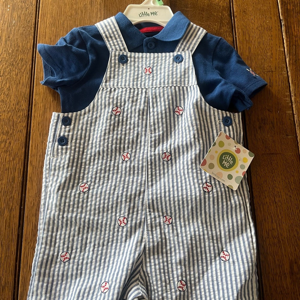 Little Me Navy Polo with Blue-White Striped Baseball Shortalls